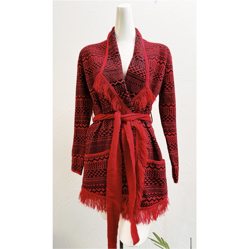 NWOT Red Patterned Fringe Cardigan Medium/Large with Tie Belt - Gorgeous Sweater
